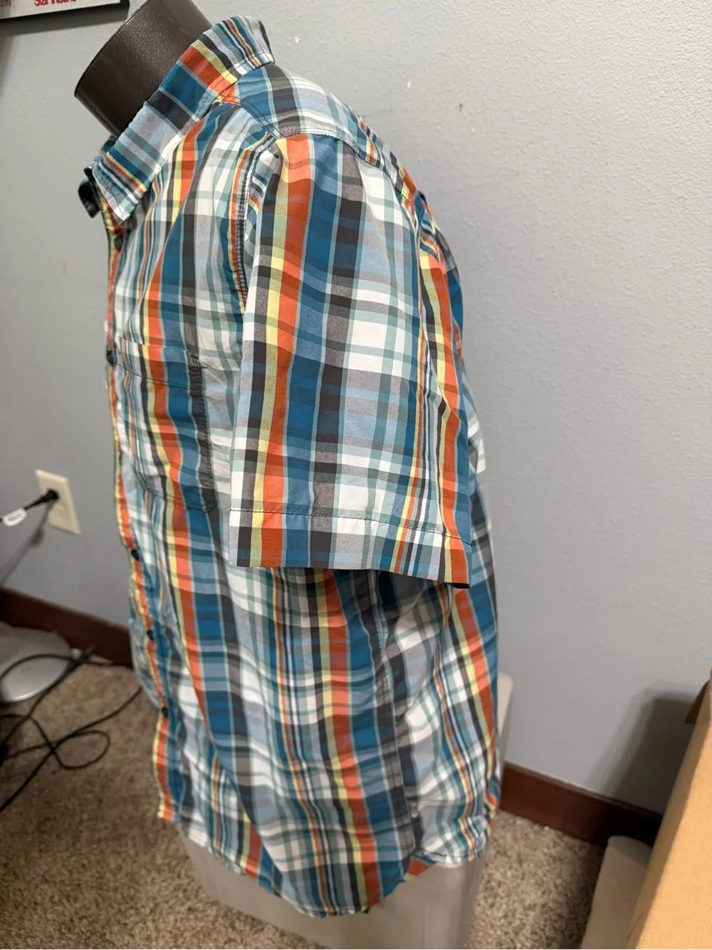 North Face Short-Sleeve Plaid Button-Up Shirt - Teal, Orange, White